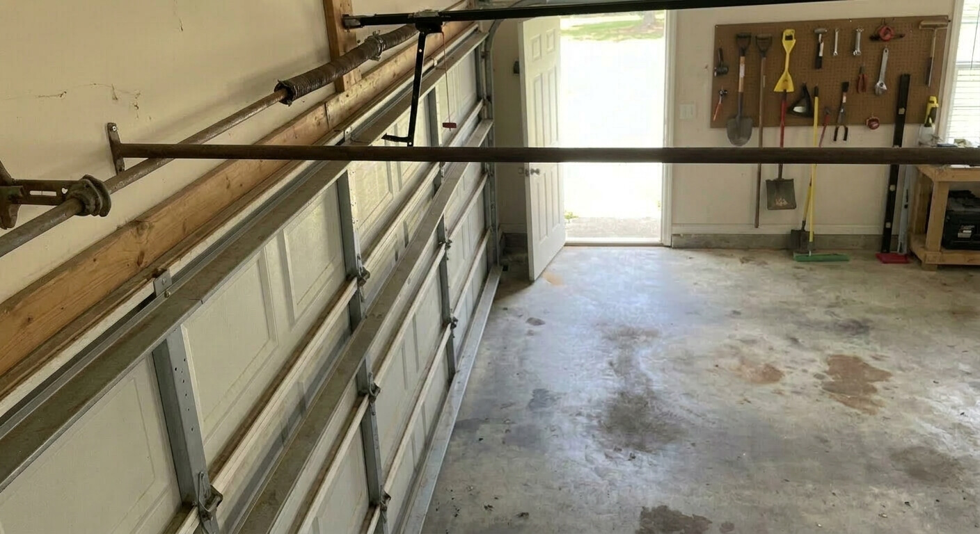 Garage door spring about to break with visible wear and frayed cables in Williamson