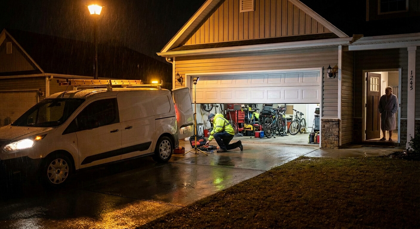 Emergency garage door repair in Milner for sudden breakdowns, technician fixing garage door at night