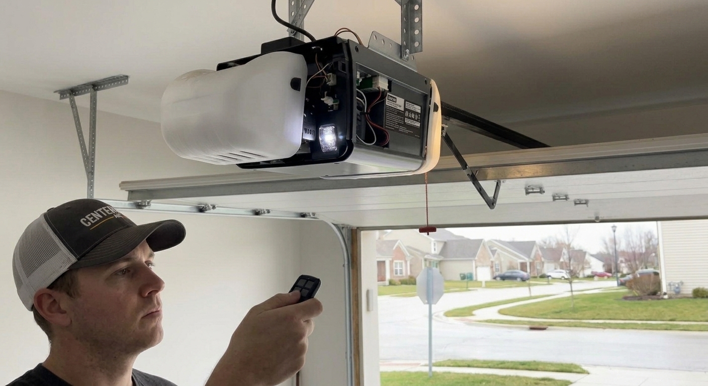 Garage door opener in Centerville clicking but not starting, technician troubleshooting the issue